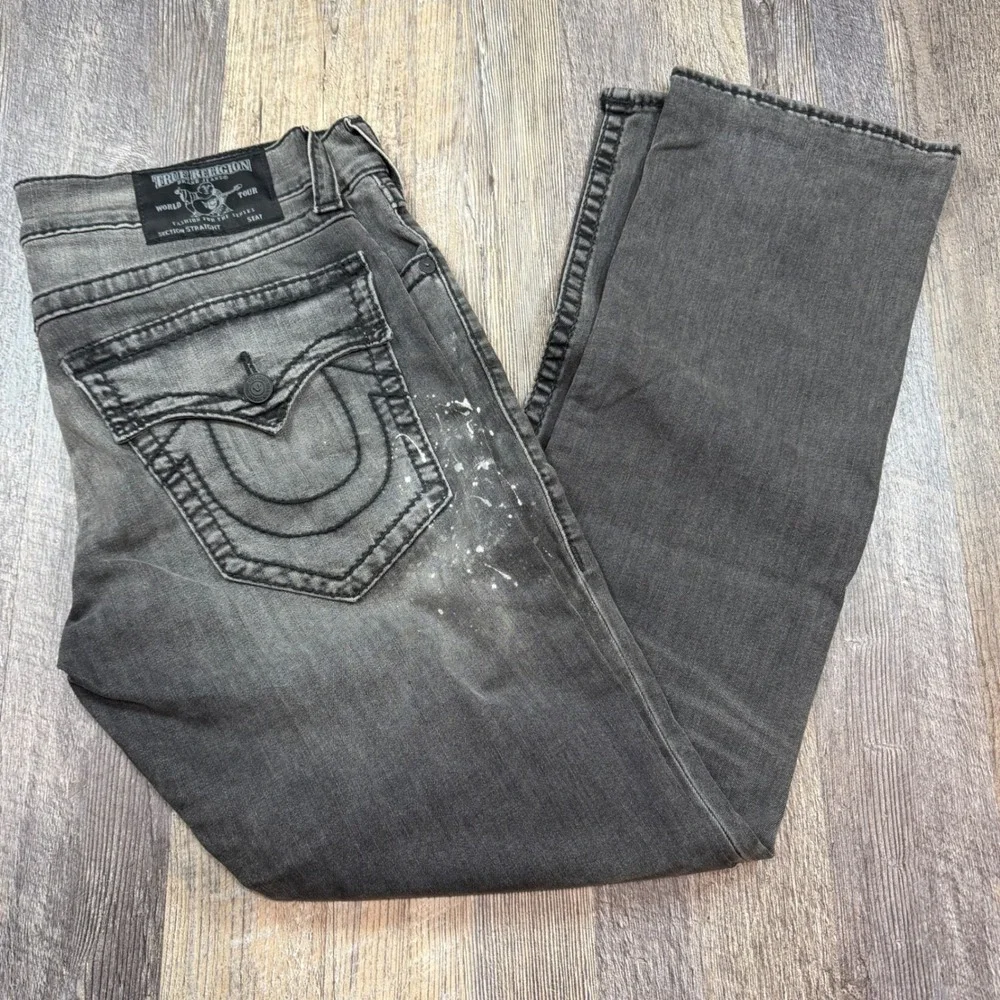 True Religion Mens Straight Flap Big T Paint Splatter Faded Black Jeans 34x34
